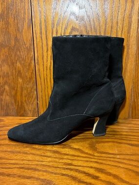 90s Calico Suede French Heel Short Boots BRAZIL MADE Vintage Black 7.5 Narrow